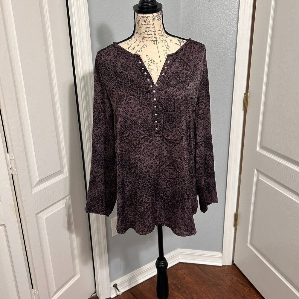 Rock & Republic Womens Large High Low Tunic Top Studded Long Sleeve Print